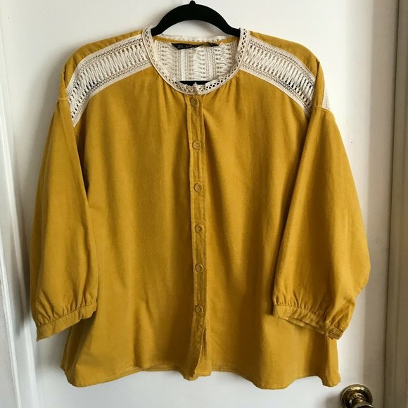 ZARA BASICS Winter Mustard Gold Cotton Corduroy Crochet Button Shirt Blouse Top - Picture 9 of 16